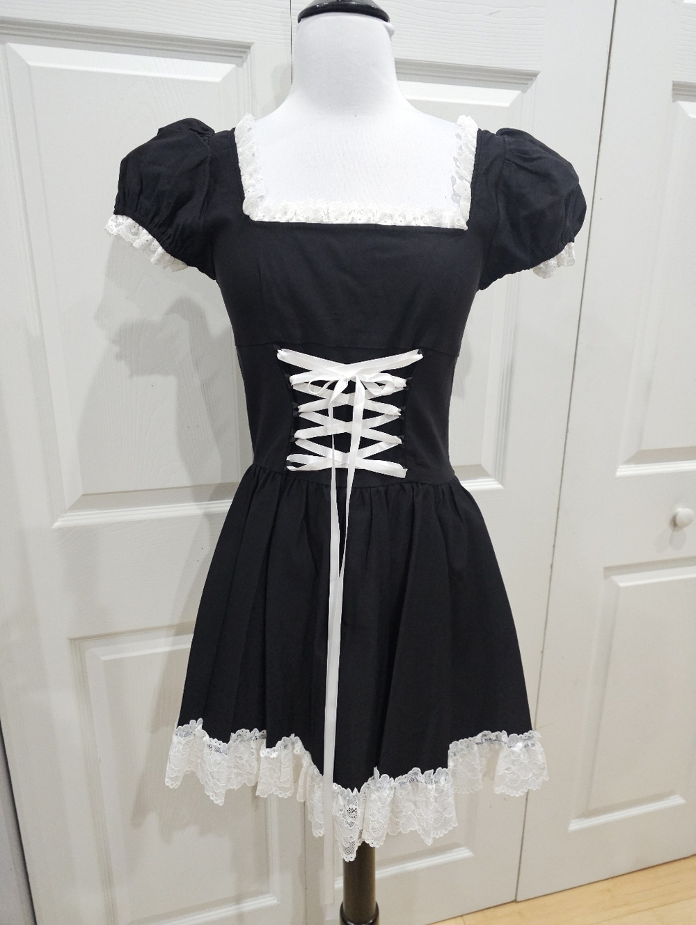 Dolls Kill Widow Cute Goth Absolute Grim Black White Lace Up Corset Mini Dress S